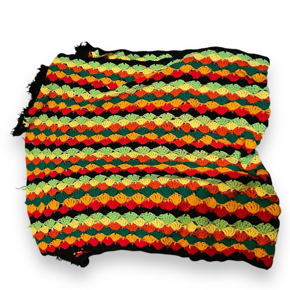 Crochet Throw Blanket Fringe Handmade Multicolored Cozy Gift Boho Decor Flawed